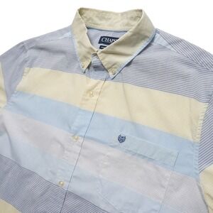 Chaps Mens XXL Blue Yellow Striped Button Up Shirt Easy Care Cotton Short Sleeve